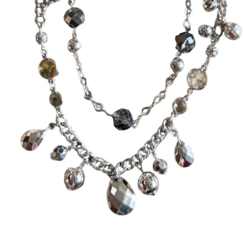 White House Black Market Silver Tone Double Layer Crystal Charm Necklace